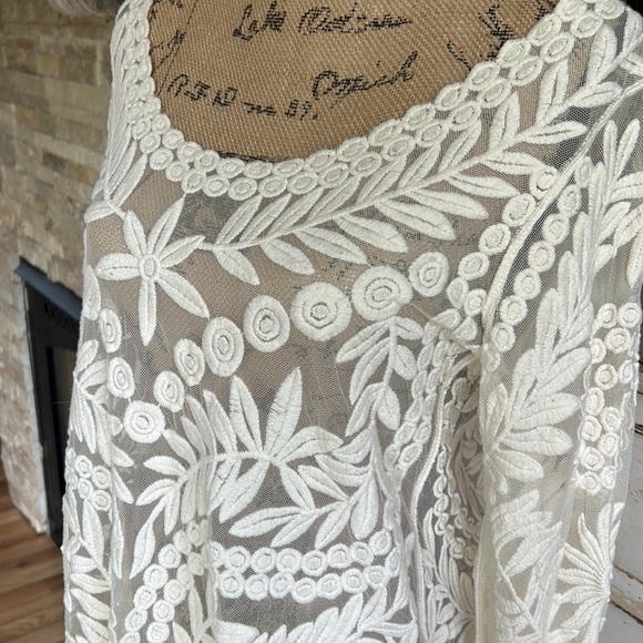 Anthro Meadow Rue cream Lace Grace long sleeve sheer shirt scoop neck scallops - Picture 7 of 16